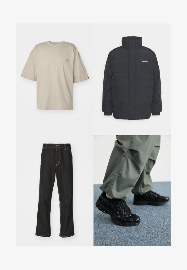 Mustam varrukas jope kõrge kaelusega, vipptõmblusega ja elastsete mansettidega. Omaduseks on tasku ja väike logo rinnal. Tekstuuritud pind.; Beige ülerõhuga t-särk, mis on valmistatud puuvillast, ümarate kaeluste ja lühikeste varrukatega, vasakul rinnal on väike logo detail.; Mustadest denimist püksid, lahtise lõikega, kontrastsete valgete õmblustega, nööbiga kinnitamine ja sirge säär.; Mustad mustad jooksukingad läikiva ja võrgumaterjaliga tekstuuriga, paksu tallaga ja paeltega, koos lodevate oliiviroheliste cargo-pükstega.