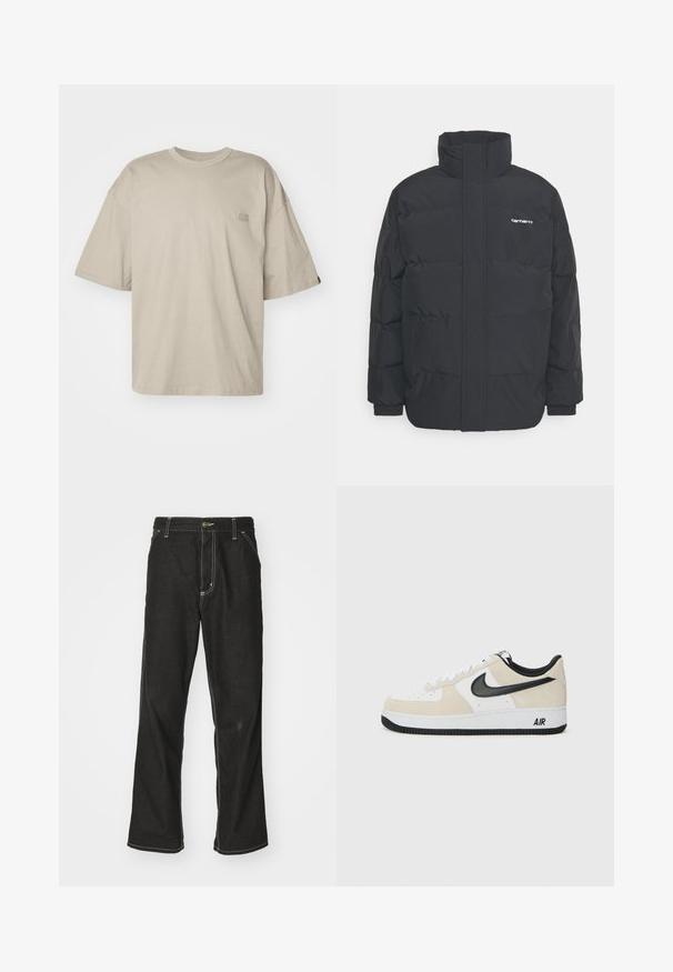 Črna puhasta jakna z visokim ovratnikom, z zadrgo spredaj in elastičnimi manšetami. Ima žep in majhen logotip na prsih. Teksturirana površina.; Bež oversized majica iz bombaža, z okroglim izrezom in kratkimi rokavi, z majhnim logotipom na levem prsnem delu.; Črne jeans hlače ohlapenega kroja, ki imajo kontrastno belo šivanje, zapiranje na gumb in ravno nogavico.; Tenisice z svetlo bež semenom in belim usnjem, črnim Nike znak, črnimi detajli in belim gumijastim podplatom z oznako "AIR".