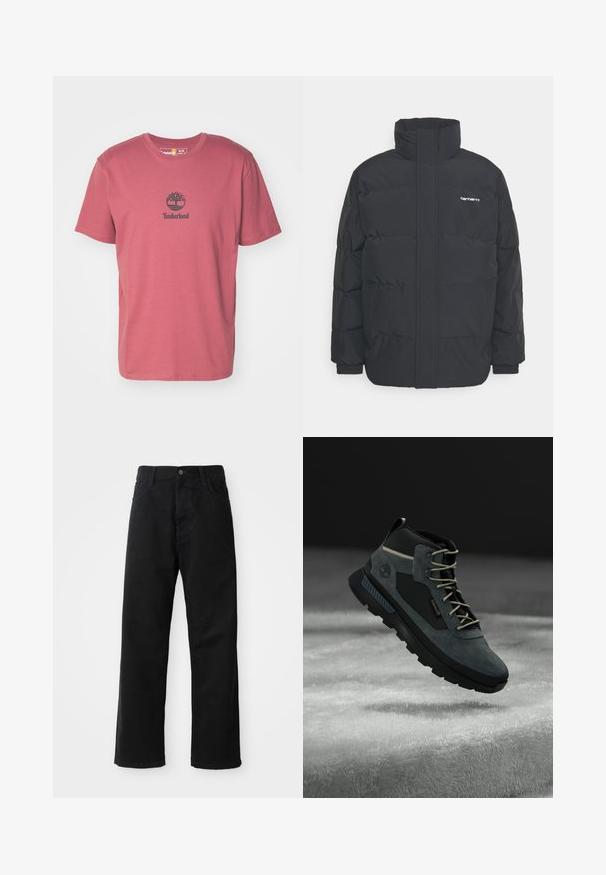 Čierna puffová bunda s vysokým golierom, zipom vpredu a elastickými manžetami. Obsahuje vrecko a malé logo na hrudi. Textúrovaný povrch.; Timberland SMALL LOGO PRINT TEE LEMON PEPPER - Tričko s potlačou - apple butter; Čierne denimové nohavice so rovným strihom, vystúpené predné vrecká, zips a jedno horné gombík. Štruktúrovaná tkanina s matným povrchom.; Tmavošedé turistické topánky kombinujúce semiš a syntetické materiály, s polstrovaným golierom, béžovými šnúrkami a robustnou gumovou podrážkou pre lepšiu priľnavosť.