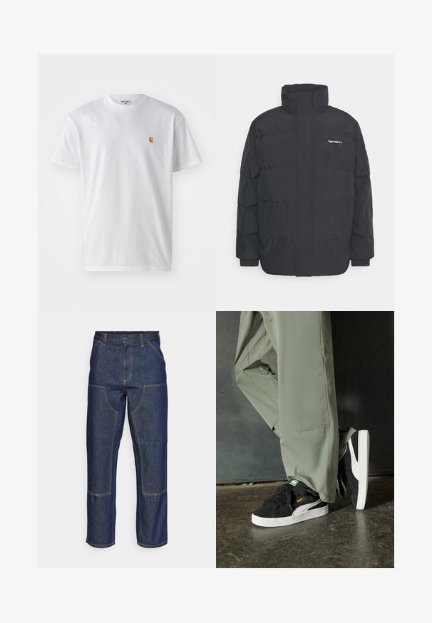 Fekete puffKabát magas nyakkal, cipzáros előlappal és rugalmas mandzsettával. Tartalmaz egy zsebet és egy kis logót a mellkason. Texturált felület.; Fehér pamut póló rövid ujjakkal, kerek nyakkal, bal mellel egy kis arany logóval. Puha tapintású és normál fazonú.; Sötétkék farmernadrág, magas derekú, egyenes szárú dizájnnal, kontrasztos varrással és elülső zsebekkel.; Fekete velúr sportcipők fehér gumitalppal és oldalsávokkal, világos zöld cargo nadrággal párosítva, egy textúrált sötét felületen állva.