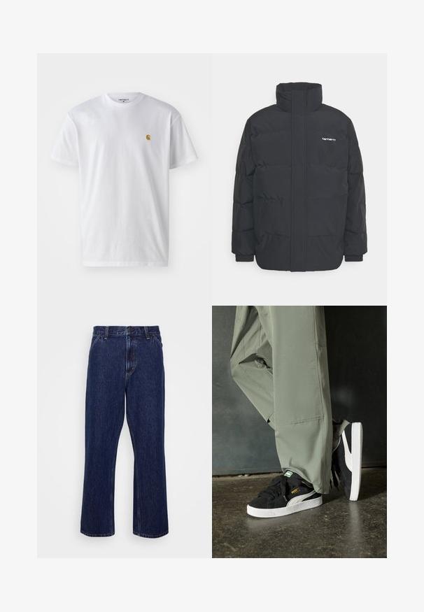 Juodas pūkinis švarkas su aukšta apykakle, užtrauktuku priekyje ir elastingomis rankovėmis. Yra kišenė ir mažas logotipas ant krūtinės. Tekstūruotas paviršius.; Balta medvilnės marškinėliai su trumpomis rankovėmis, apvalia iškirpte, kuriuose kairėje krūtinės pusėje yra mažas auksinis logotipas. Minkšta tekstūra ir reguliari forma.; Tamsiai mėlynos džinsinės kelnės su tiesaus kirpimo dizainu, turinčios mygtuko užsegimą, penkių kišenių stilių ir subtilius siuvinėjimo akcentus.; Juodi suede sportbačiai su baltais guminiais padais ir šoninėmis juostelėmis, derinami su šviesiai žaliais kargo kelnais, stovintys ant tekstūruoto tamsaus paviršiaus.
