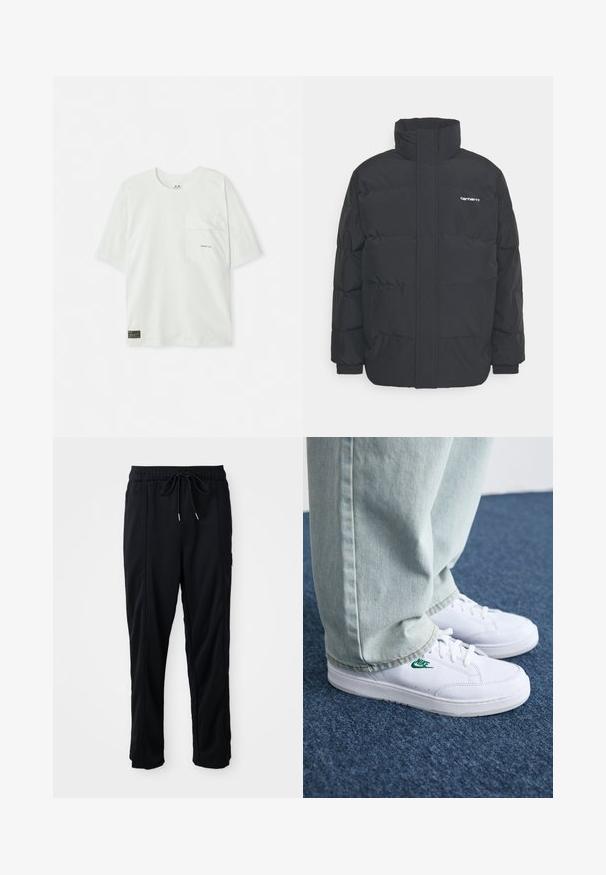 Juodas pūkinis švarkas su aukšta apykakle, užtrauktuku priekyje ir elastingomis rankovėmis. Yra kišenė ir mažas logotipas ant krūtinės. Tekstūruotas paviršius.; Šviesiai žalia trumpomis rankovėmis medvilninė marškinėliai. Turintys krūtinės kišenę ir mažą logotipą šalia kišenės. Minkšta tekstūra, kasdienis dizainas.; Juodos laisvos kelnės su raišteliu liemens, šoninėmis kišenėmis ir tiesiu kirpimu ant vienodos fono.; Balti odiniai sportbačiai su žaliu Nike logotipu, apvalia nosimi, plokščiu padu, derinami su šviesiai mėlynomis džinsinėmis kelnėmis, rodomi ant mėlynos kiliminės dangos.