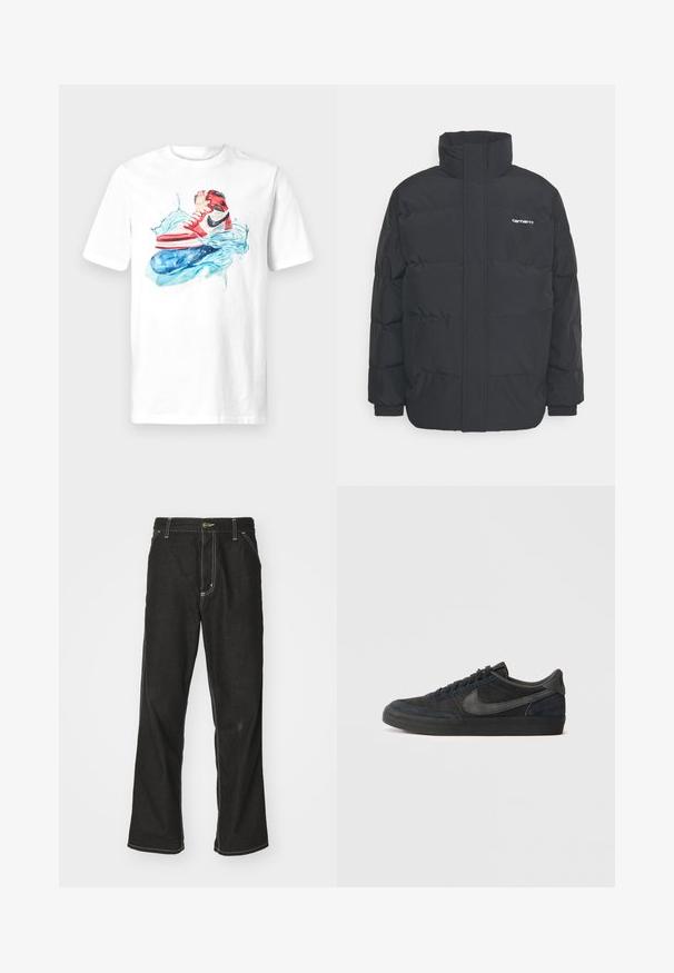 Black puffer jacket with a high collar, zip front, and elastic cuffs. Features a pocket and a small logo on the chest. Textured surface.; White t-shirt featuring a colorful graphic of red and black sneakers above stylized blue water splashes. Crew neck, short sleeves, standard fit.; Black denim jeans with a loose fit, featuring contrasting white stitching, a button closure, and a straight leg design.; Black suede sneakers with a low profile, rubber outsole, textured side panels, and tonal Nike swoosh logo. Laced front, cushioned collar.