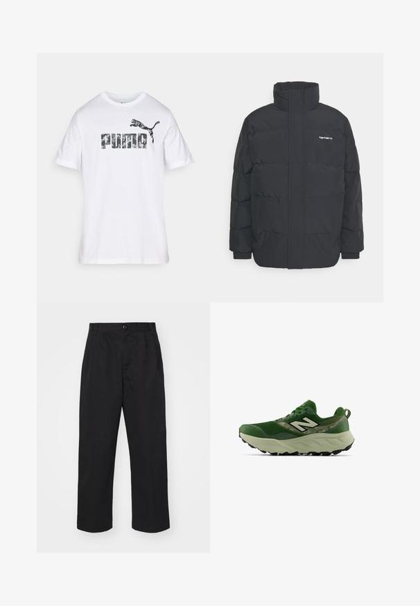 Casaco acolchoado preto com colarinho alto, fecho de correr à frente e punhos elásticos. Apresenta um bolso e um pequeno logótipo no peito. Superfície texturada.; T-shirt branca de manga curta feita de algodão, apresentando um grande logo da "PUMA" em padrão de camuflagem, com um gráfico de um puma a saltar acima.; Calças de algodão pretas com um corte reto, apresentando um fecho de botão, dois bolsos frontais e uma textura suave.; Ténis atléticos verdes com sola grossa bege, piso preto e logótipo branco "N" de lado, mostrado a partir da vista lateral exterior.