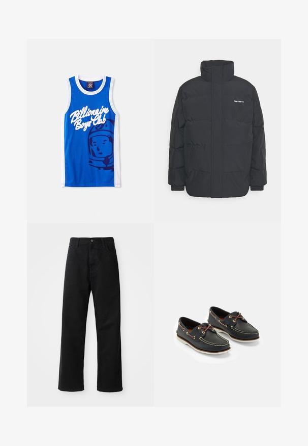 Musta puhvijaakku korkealla kauluksella, vetoketjukiinnitys edessä ja joustavat hihansuut. Varustettu taskulla ja pienellä logolla rintakehässä. Rakeinen pinta.; Sininen verkkopaita, jossa on valkoinen "Billionaire Boys Club" -logo ja astronautti-graafikka. Valkoiset reunat hihojen ja kaulan ympärillä.; Musta farkkushortsit suoran leikkauksen kanssa, joissa on etutaskut, vetoketjuläppä ja yksi yläpainike. Rakenteellinen kangas matta pinnalla.; Laivastonsiniset nahkakengät keltaisella ompelulla, punaisilla nauhoilla ja hopeisilla metallirei'illä; pyöreä kärki; valkoinen kumipohja.