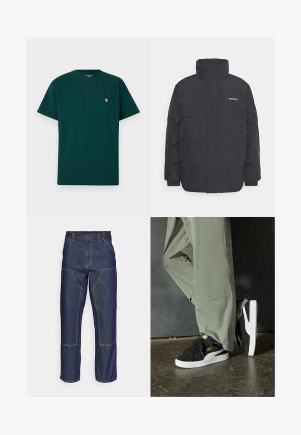 Black puffer jacket with a high collar, zip front, and elastic cuffs. Features a pocket and a small logo on the chest. Textured surface.; Green cotton t-shirt with short sleeves, round neckline, and a small yellow logo on the chest. Smooth texture and plain design.; Dark blue denim jeans with a high waist, straight leg design, contrasting stitching, and patch pockets on the front.; Black suede sneakers with white rubber soles and side stripes, paired with light green cargo pants, standing on a textured dark surface.