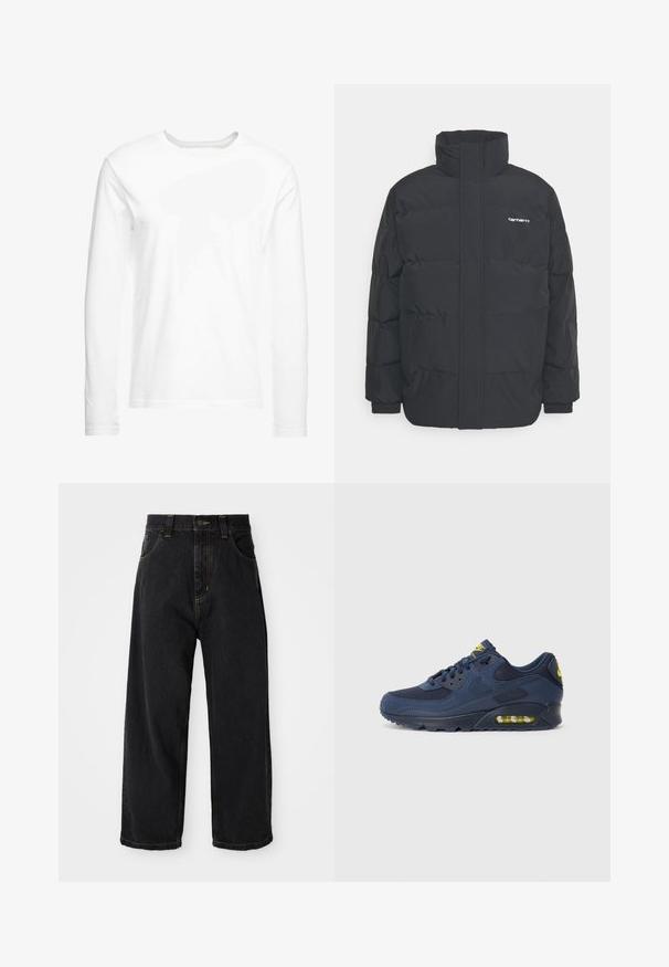 Juodas pūkinis švarkas su aukšta apykakle, užtrauktuku priekyje ir elastingomis rankovėmis. Yra kišenė ir mažas logotipas ant krūtinės. Tekstūruotas paviršius.; Ilga rankovė balta marškinė, pagaminti iš minkštos medvilnės. Apvalus iškirpimas, tiesūs kraštai ir jokių matomų raštų ar grafikų.; Juodos plačios kojų džinsinės kelnes su aukštu liemeniu, priekiu esančiu mygtuku, užtrauktuku ir geltonomis siūlėmis ant kišenių bei siūlių.; Tamsiai mėlyni Nike Air Max sportbačiai su zomšiniu ir tinkliniu paviršiumi, su geltonais akcentais, raištelių uždarymu ir matoma oro pagalve pada.