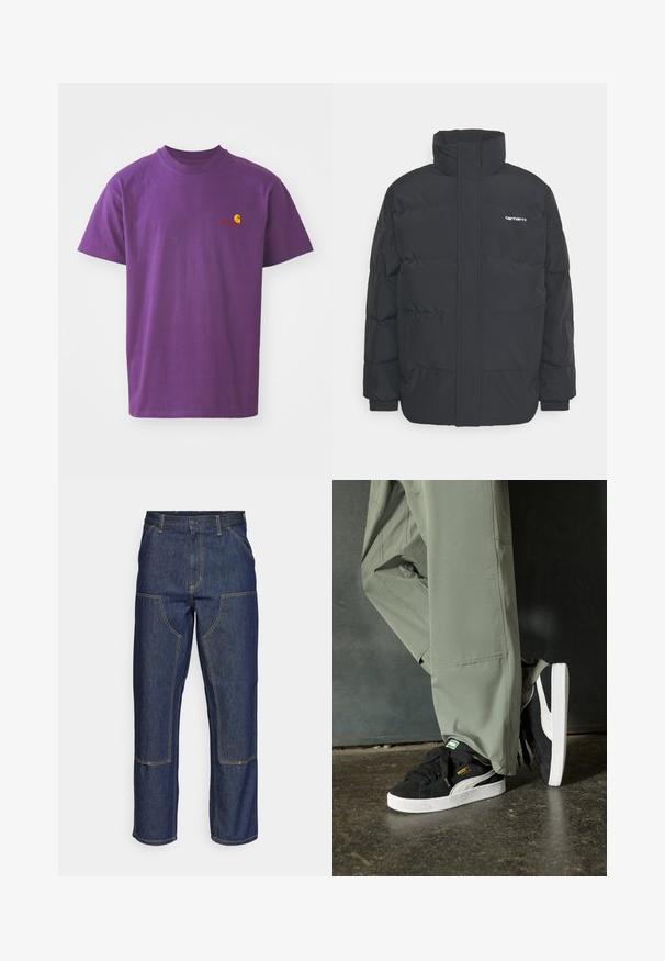 Černá zimní bunda s vysokým límcem, zipem vpředu a elastickými manžetami. Má kapsu a malé logo na hrudi. Texturovaný povrch.; Fialové bavlněné tričko s kulatým výstřihem. Na levé části hrudi má malé žluté a červené logo. Krátké rukávy, standardní střih.; Tmavě modré džíny s vysokým pasem, rovnými nohavicemi, kontrastním šitím a nášivkami na přední straně.; Černé semišové tenisky s bílými gumovými podrážkami a bočními pruhy, spárované se světle zelenými cargo kalhotami, stojící na texturovaném tmavém povrchu.