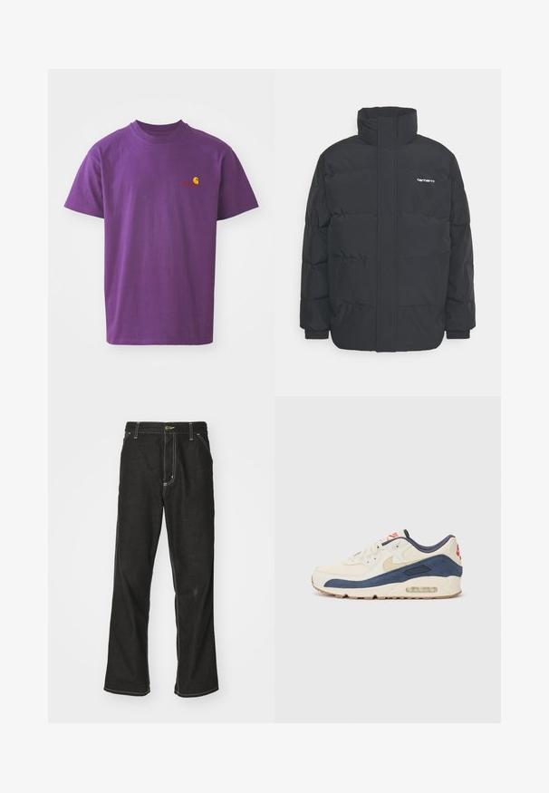 Sort pufferjakke med høj krave, lynlås foran og elastiske manchetter. Har en lomme og et lille logo på brystet. Tekstureret overflade.; Lilla bomulds-T-shirt med rund hals. Har et lille gult og rødt logo på venstre bryst. Korte ærmer, normal pasform.; Sorte denimjeans med løs pasform, der har kontrasterende hvid syning, en knaplukning og et lige ben-design.; Sneakers med en overdel i cremefarvet læder og marineblå ruskind, med en synlig luftsål, beige gummisål og røde detaljer på hælen.