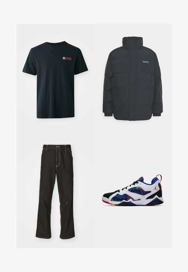 Casaco acolchoado preto com colarinho alto, fecho de correr à frente e punhos elásticos. Apresenta um bolso e um pequeno logótipo no peito. Superfície texturada.; T-shirt preto de algodão com mangas curtas, decote redondo e um pequeno patch do logo "Converse" em laranja e azul no canto superior esquerdo do peito.; Calças de ganga pretas de corte largo, com costuras brancas em contraste, fecho de botão e design de perna reta.; Sapatilha baixa branca, preta e azul com padrões multicoloridos em zigue-zague, atacadores pretos, aba vermelha e logótipo Jumpman vermelho no calcanhar.