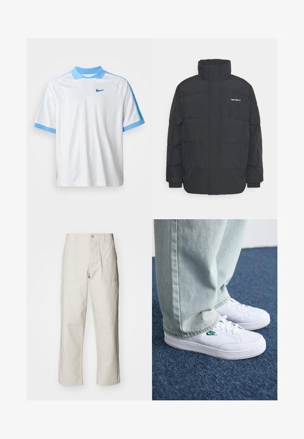 Casaco acolchoado preto com colarinho alto, fecho de correr à frente e punhos elásticos. Apresenta um bolso e um pequeno logótipo no peito. Superfície texturada.; Camisola desportiva branca da Nike com colarinho azul claro, bordas das mangas e riscas nos ombros, apresentando um pequeno swoosh azul da Nike no peito.; Calças largas em bege claro, feitas de algodão. Apresentam bolsos frontais e fecho com botão. Textura suave com linhas verticais subtis.; Tênis de couro brancos com logo verde da Nike, bico redondo, sola plana, combinados com calças de denim azul claro, exibidos sobre um tapete azul.