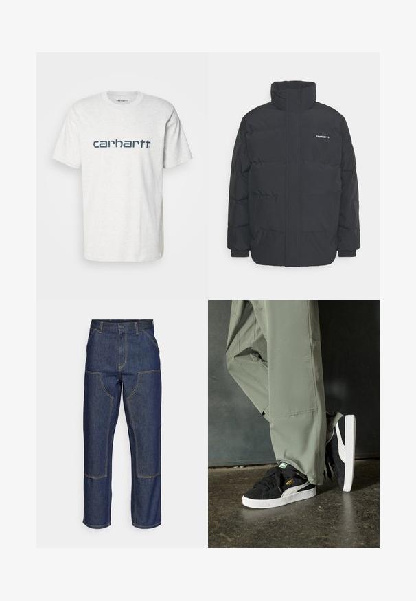 Musta puhvijaakku korkealla kauluksella, vetoketjukiinnitys edessä ja joustavat hihansuut. Varustettu taskulla ja pienellä logolla rintakehässä. Rakeinen pinta.; Carhartt WIP SCRIPT - Printtipaita - ash heather/duck blue; Tummansiniset farkut, joissa on korkea vyötärö, suora lahje, eriväriset ompeleet ja etupuolella pakki-taskut.; Mustat mokkakengät, joissa on valkoiset kumipohjat ja sivuraitoja, yhdistettynä vaaleanvihreisiin cargo-housuihin, seisoen tummalla teksturoidulla pinnalla.