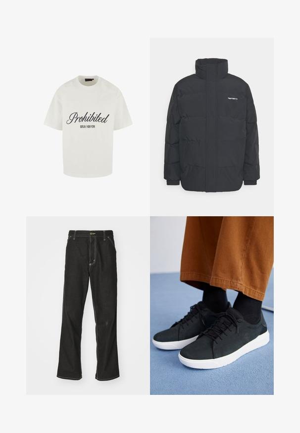 Sort pufferjakke med høj krave, lynlås foran og elastiske manchetter. Har en lomme og et lille logo på brystet. Tekstureret overflade.; Hvid bomulds T-shirt med afslappet pasform, rund halsudskæring og sort skrifttekst "Prohibited" med "BERLIN // NEW YORK" nedenunder.; Sorte denimjeans med løs pasform, der har kontrasterende hvid syning, en knaplukning og et lige ben-design.; Sorte ruskinds sneakers med hvide gummisulder, med snørebånd-design, teksturerede detaljer og diskret branding, parret med brune bukser.