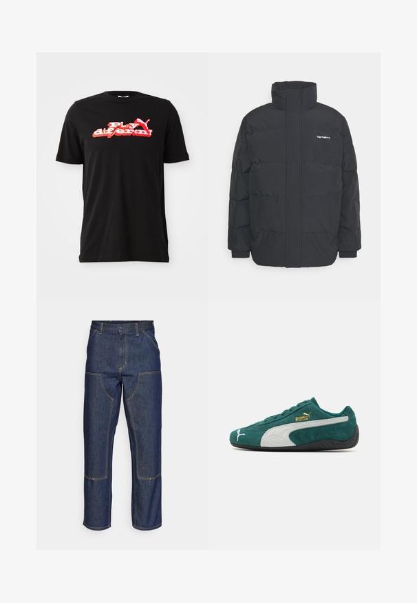 Black puffer jacket with a high collar, zip front, and elastic cuffs. Features a pocket and a small logo on the chest. Textured surface.; Black cotton T-shirt featuring a bold red and white graphic design with the text "Play different!" and a logo element. Short sleeves and crew neck.; Dark blue denim jeans with a high waist, straight leg design, contrasting stitching, and patch pockets on the front.; Green suede sneaker with white and gray accents, textured surface, flat rubber sole, and gold logo detailing on the side.