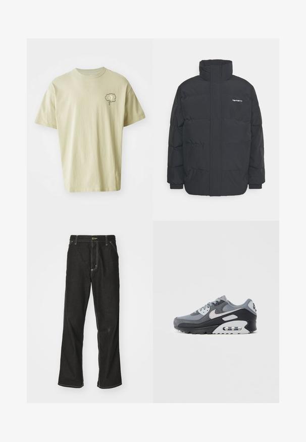 Melnā pūkainā jaka ar augstu apkakli, rāvējslēdzēja priekšpusi un elastīgām piedurknēm. Iespējama kabata un neliels logo uz krūtīm. Strukturēta virsma.; Gai pelēkbrūns kokvilnas T-krekls ar īsām piedurknēm, kas iepriekš redzēts ar mazu pelēku mākoņu grafiku kreisajā krūšu daļā. Vienkāršs, kastveida dizains.; Melni džinsi ar brīvu piegriezumu, ar kontrastējošu baltu diegu, pogu aizdari un taisnu kāju dizainu.; Pelēki sporta apavi ar acs un zamšāda materiālu kombināciju, melnu zolīti un redzamu gaisa spilventiņu. Izceltas gaiši pelēkas detaļas un auklas.