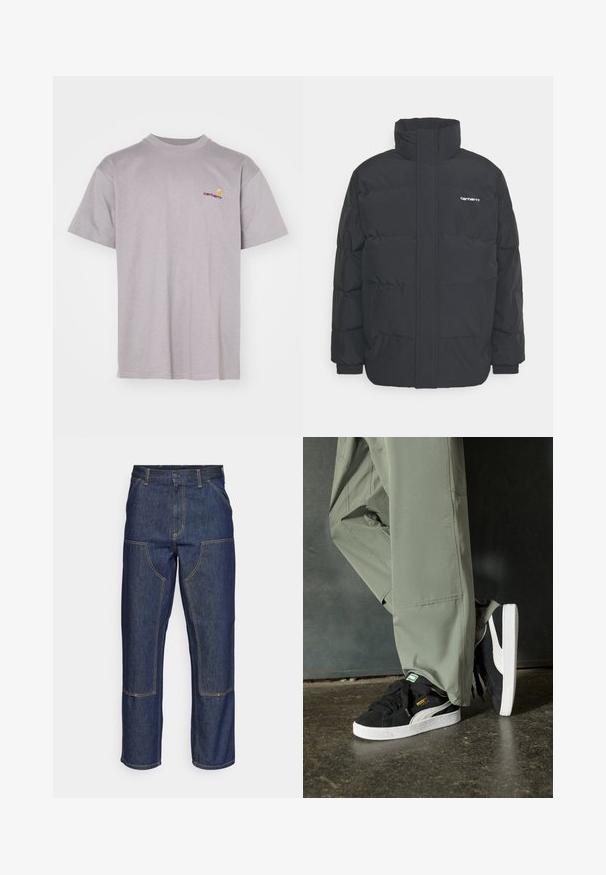 Čierna puffová bunda s vysokým golierom, zipom vpredu a elastickými manžetami. Obsahuje vrecko a malé logo na hrudi. Textúrovaný povrch.; Sivá bavlnená tričko s okrúhlym výstrihom. Má krátke rukávy a malú vyšitú nálepku v červenej a žltej farbe na ľavej hrudi.; Tmavomodré denimové džínsy s vysokým pásom, rovného strihu, kontrastným prešívaním a vreckami na prednej strane.; Čierne semišové tenisky s bielymi gumovými podrážkami a postrannými prúžkami, v kombinácii s svetlozelenými cargo nohavicami, stojace na textúrovanom tmavom povrchu.