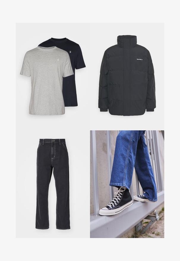 Svart pufferjacka med hög krage, dragkedja framtill och elastiska muddar. Har en ficka och en liten logotyp på bröstet. Texturerad yta.; Två t-shirts med rund halsringning, en ljusgrå och en marinblå, tillverkade av mjukt tyg med korta ärmar och en liten logotypdetalj på bröstet.; Svarta denimjeans med rak passform, som har dragkedja, fem fickor och kontrastsydd längs sömmarna.; Svarta högskurna sneakers med vit sula och snören, tillsammans med lösa blå jeans, vilande på ett grått räcke.