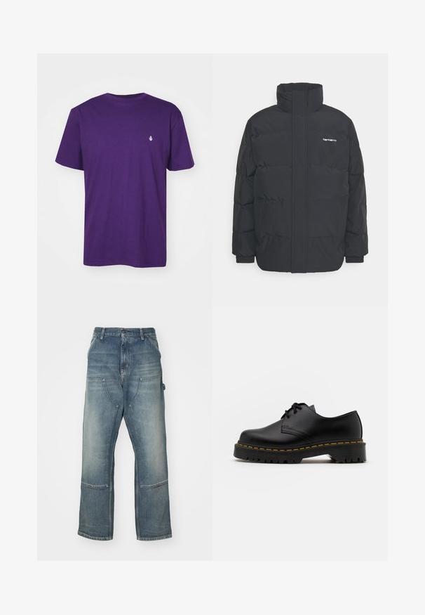 Black puffer jacket with a high collar, zip front, and elastic cuffs. Features a pocket and a small logo on the chest. Textured surface.; Purple cotton t-shirt, short sleeves, crew neck, featuring a small white logo on the left chest. Smooth texture with a relaxed fit.; Light blue jeans with a relaxed fit, made from denim. Features wide legs, large front pockets, and contrast stitching details.; Black leather lace-up shoe with a rounded toe, textured rubber sole, and yellow stitching around the base. Flat design and smooth finish.