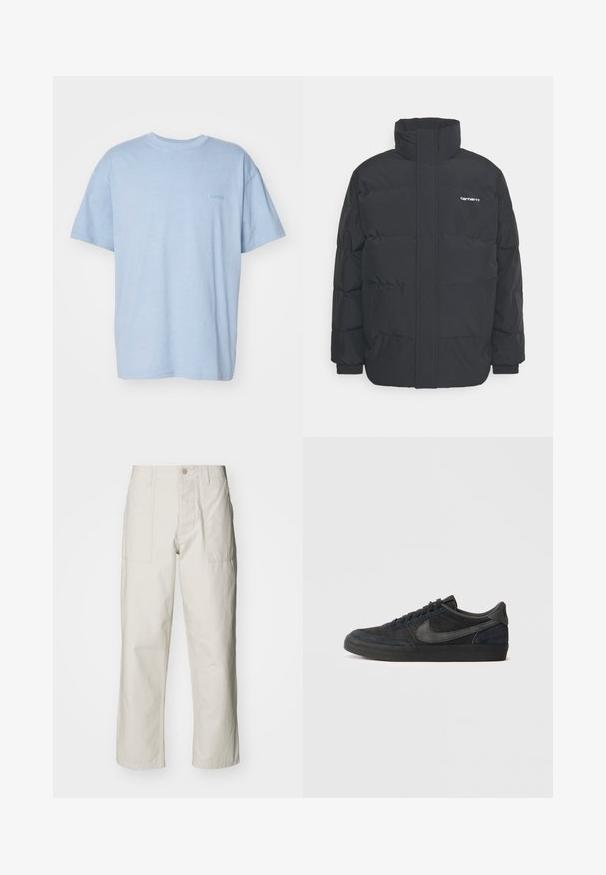 Mustam varrukas jope kõrge kaelusega, vipptõmblusega ja elastsete mansettidega. Omaduseks on tasku ja väike logo rinnal. Tekstuuritud pind.; Hele sinine puuvillane T-särk lühikeste varrukatega, ümmargune kael, ning esipoolt kaunistab väike tikand. Pehme tekstuur, mugav lõige.; Heledbeez värvi laiad püksid, mis on valmistatud puuvillast. Omavad esi-taskuid ja nupuga sulgemist. Sile tekstuur, millel on õrnad vertikaalsed jooned.; Mustad seemised tennisetossud madala profiiliga, kummist välispind, tekstuuriga külgpaneelid ja ühetoneeline Nike swoosh logo. Sidumisosa ees, pehme kaelus.