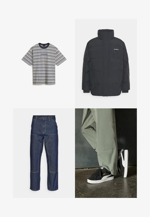 Sort pufferjakke med høj krave, lynlås foran og elastiske manchetter. Har en lomme og et lille logo på brystet. Tekstureret overflade.; Vans CAMERON STRIPE - T-shirts print - white; Mørkeblå denim jeans med høj talje, lige ben-design, kontrastsyninger og lappelommer foran.; Sorte ruskinds sneakers med hvide gummisåler og sidestreger, parret med lysegrønne cargo bukser, stående på en struktureret mørk overflade.