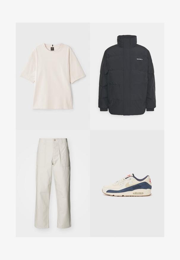 Melnā pūkainā jaka ar augstu apkakli, rāvējslēdzēja priekšpusi un elastīgām piedurknēm. Iespējama kabata un neliels logo uz krūtīm. Strukturēta virsma.; Gaiši bež krekls, kas izgatavots no mīksta kokvilnas. Tam ir apaļa apkakle, īsas piedurknes un brīva piegriezuma ar sānu šuvēm.; Gaiši bežs platā kāju bikses, izgatavotas no kokvilnas. Iekļautas priekšējās kabatas un pogu aizdare. Gluda tekstūra ar smalkām vertikālām līnijām.; Apavi ar krēmīgu ādas un tumši zilu zamša augšdaļu, ar redzamu gaisa zoli, bēša gumijas zoli un sarkanu akcentu uz papēža.