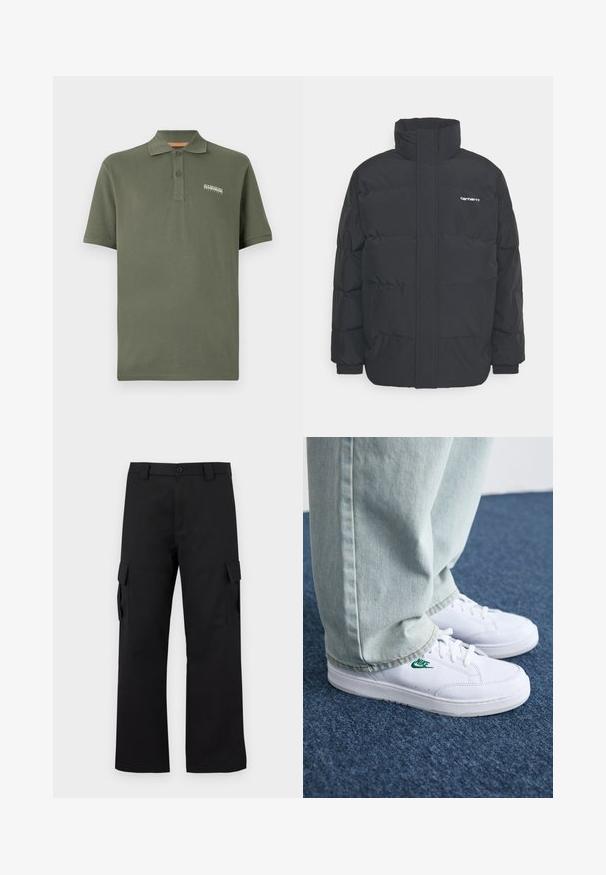 Svart pufferjacka med hög krage, dragkedja framtill och elastiska muddar. Har en ficka och en liten logotyp på bröstet. Texturerad yta.; Olivgrön bomullspolo med en treknapplåsning, korta ärmar och en liten logodetalj på bröstet. Mjukt material, klassisk passform.; Svarta cargobyxor med rak bendesign. Tillverkade av slitstarkt tyg, med två sidofickor med klaffstängningar och knappgylf.; Vita lädersneakers med grön Nike-logga, rund tå, platt sula, kombinerade med ljusblå denimbyxor, visade på en blå matta.