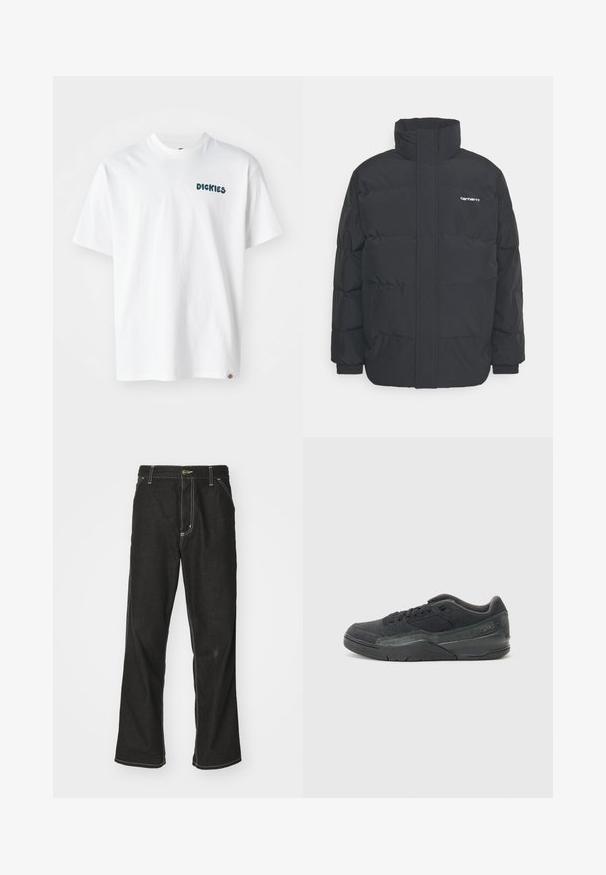 Crna puffer jakna s visokim ovratnikom, prednjim zatvaračem i elastičnim manžetama. Ima džep i mali logo na prsima. Teksturalna površina.; Bijela pamučna majica kratkih rukava s zelenim natpisom "DICKIES" sprijeda. Ravnog kroja i mali logo tag na obrubu.; Crne traperice s opuštenim krojem, s kontrastnim bijelim šavovima, zakovicom za zatvaranje i ravnim nogavicama.; Crne suede tenisice s teksturiranim mrežastim panelom, gumenim potplatom, podstavljenim ovratnikom i toniranim šavovima, dizajnirane za udobnost i potporu.