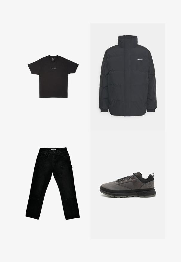 Zwarte pufferjas met een hoge kraag, rits aan de voorkant en elastische manchetten. Bevat een zak en een klein logo op de borst. Getextureerd oppervlak.; Zwarte katoenen t-shirt met een ronde hals en korte mouwen, met een klein wit "VOLCOM" logo gedrukt in het midden voorop.; Zwarte denim cargobroek met een losse pasvorm, voorzien van twee zijzakken en een knoopsluiting. Gelaagde stof met een klassiek ontwerp.; Zwarte en grijze outdoorschoenen van leer en mesh, met een gevoerde kraag, een gestructureerde zool en een verstevigde neus voor duurzaamheid.
