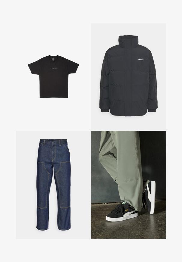 Musta puhvijaakku korkealla kauluksella, vetoketjukiinnitys edessä ja joustavat hihansuut. Varustettu taskulla ja pienellä logolla rintakehässä. Rakeinen pinta.; Mustat puuvillapaita, jossa on pyöreä kaula-aukko ja lyhyet hihat, etuosassa pieni valkoinen "VOLCOM" logo.; Tummansiniset farkut, joissa on korkea vyötärö, suora lahje, eriväriset ompeleet ja etupuolella pakki-taskut.; Mustat mokkakengät, joissa on valkoiset kumipohjat ja sivuraitoja, yhdistettynä vaaleanvihreisiin cargo-housuihin, seisoen tummalla teksturoidulla pinnalla.