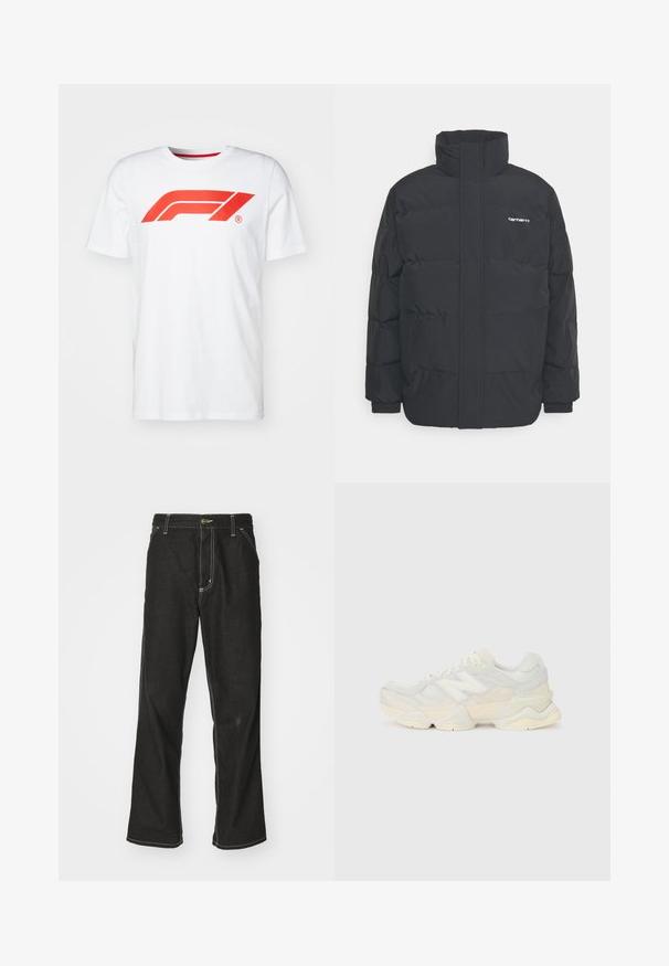 Černá zimní bunda s vysokým límcem, zipem vpředu a elastickými manžetami. Má kapsu a malé logo na hrudi. Texturovaný povrch.; Bílá bavlněná tričko s velkým červeným logem Formula 1 uprostřed přední strany. Krátké rukávy a kulatý výstřih s červeným vnitřním lemem.; Černé denimové džíny s volným střihem, s kontrastním bílým prošíváním, zapínáním na knoflík a rovnými nohavicemi.; Lehká sneakerka s vrchní částí z prodyšné síťoviny a semiše v jemných krémových tónech, s masivní podrážkou a trojrozměrnými akcenty.