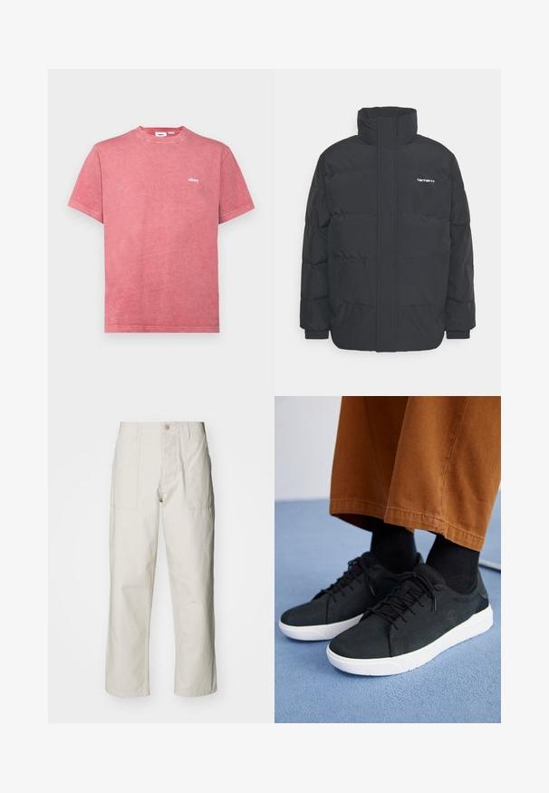 Melnā pūkainā jaka ar augstu apkakli, rāvējslēdzēja priekšpusi un elastīgām piedurknēm. Iespējama kabata un neliels logo uz krūtīm. Strukturēta virsma.; Sarkana kokvilnas t-kreklis ar apaļu kakla izgriezumu un īsām piedurknēm. Uz kreisās krūtis ir neliels balts "obey" logo. Mīksts, teksturēts audums.; Gaiši bežs platā kāju bikses, izgatavotas no kokvilnas. Iekļautas priekšējās kabatas un pogu aizdare. Gluda tekstūra ar smalkām vertikālām līnijām.; Melnas zamšādas kedas ar baltām gumijas zolēm, ar saistāmām auklām, tekstūrētām detaļām un diskrētu zīmolu, apvienotas ar brūniem biksēm.