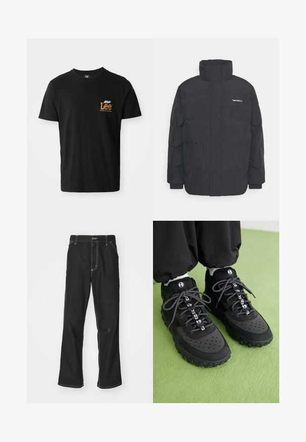 Musta puhvijaakku korkealla kauluksella, vetoketjukiinnitys edessä ja joustavat hihansuut. Varustettu taskulla ja pienellä logolla rintakehässä. Rakeinen pinta.; Mustikka puuvillapaita, jossa on lyhyet hihat ja pyöreä pääntie. Paidassa on pieni oranssi ja valkoinen graafinen logo vasemmassa rintataskussa.; Mustat farkut, joissa on löysä istuvuus, erottuva valkoinen ompelu, nappikiinnitys ja suora lahje.; Musta tennarit sisältävät sekoituksen nahkaa ja verkkomateriaaleja, tekstuurilla varustetun kumipohjan, huomattavat rei'itykset ja kuvioidut nauhat, joissa on numeroita korostavana yksityiskohtana.