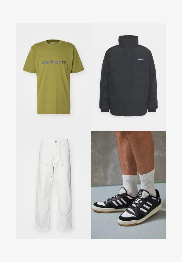 Black puffer jacket with a high collar, zip front, and elastic cuffs. Features a pocket and a small logo on the chest. Textured surface.; Olive green cotton t-shirt featuring a rounded neckline and short sleeves, with a blue "carhartt." logo across the chest.; White cotton cargo pants with a relaxed fit. Features include front pockets, gold hardware accents, and reinforced knee sections.; Black and white sneakers with a suede and leather upper, featuring three white stripes, a perforated toe, and a gum rubber sole.