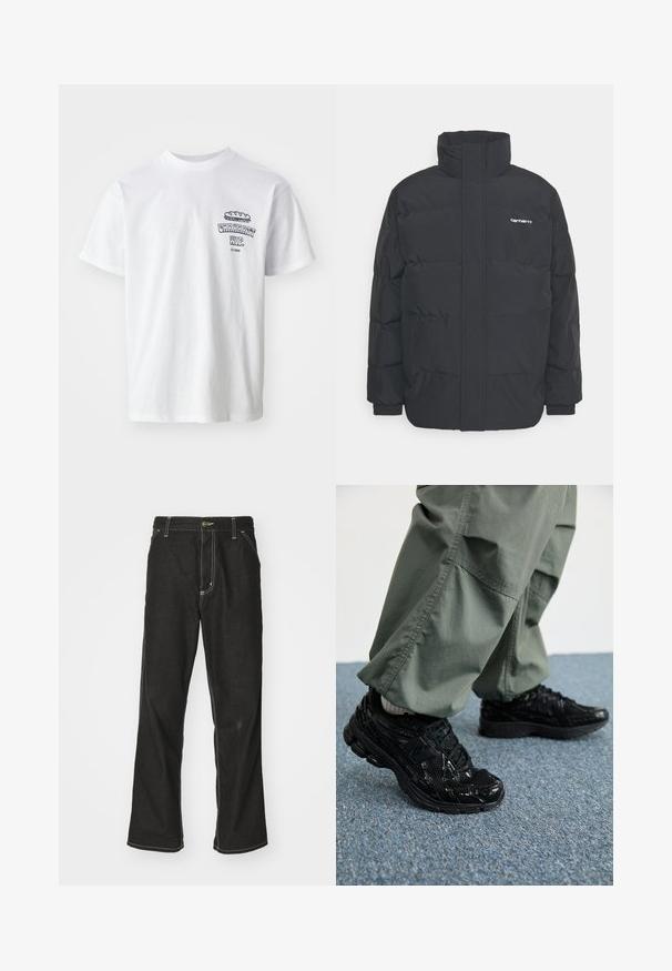 Čierna puffová bunda s vysokým golierom, zipom vpredu a elastickými manžetami. Obsahuje vrecko a malé logo na hrudi. Textúrovaný povrch.; Biela bavlnená tričko s krátkymi rukávmi, okrúhlym výstrihom a grafickým potlačou s textom "Carhartt WIP" a ilustráciou jedla na hrudi.; Čierne denimové nohavice s voľným strihom, s kontrastným bielym prešívaním, uzáverom na gombík a rovnými nohavicami.; Čierne atletické tenisky s lesklými a sieťovinovými textúrami, so silnou podrážkou a šnúrkami, kombinované s voľnými olivovo-zelenými cargo nohavicami.