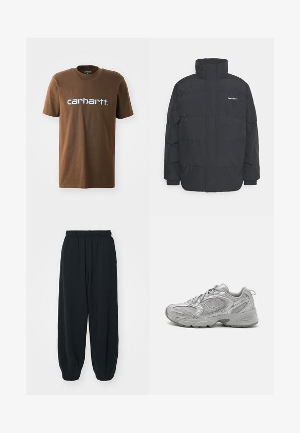 Čierna puffová bunda s vysokým golierom, zipom vpredu a elastickými manžetami. Obsahuje vrecko a malé logo na hrudi. Textúrovaný povrch.; Hnedé bavlnené tričko s krátkymi rukávmi, so bielym logom "carhartt" potlačeným na hrudi. Štandardný dizajn s okrúhlym výstrihom.; Čierne tepláky s elastickým pásom, vo voľnom strihu, s manžetami na členkoch, hladkej textúry a bez viditeľných vzorov alebo kovových doplnkov.; Strieborná športová obuv so štíhlym dizajnom, sieťovanými panelmi, polstrovaným jazykom, textúrovaným syntetickým zvrškom a gumovou podrážkou pre trakciu.