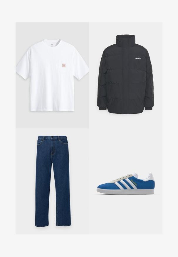 Casaco acolchoado preto com colarinho alto, fecho de correr à frente e punhos elásticos. Apresenta um bolso e um pequeno logótipo no peito. Superfície texturada.; T-shirt branca de algodão com gola redonda, mangas curtas e um bolso frontal com um rótulo costurado em texto rosa claro.; Jeans de denim azul escuro, de perna reta, com bolsos frontais e fecho de botão, exibidos sobre um fundo branco liso.; adidas Originals ADIDAS GAZELLE SHOES - Botas de futebol de salão - real madrid/bluebird/footwear white/crew yellow