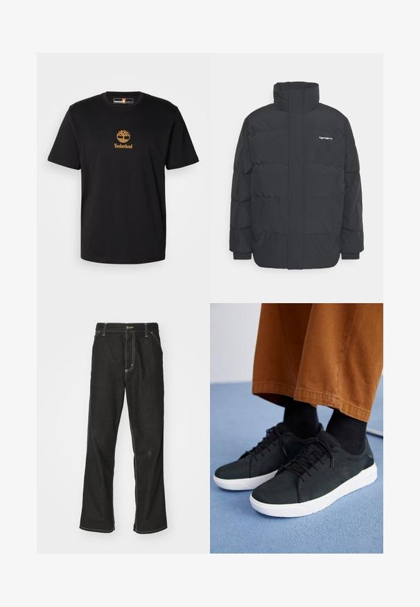 Fekete puffKabát magas nyakkal, cipzáros előlappal és rugalmas mandzsettával. Tartalmaz egy zsebet és egy kis logót a mellkason. Texturált felület.; Fekete pamut póló arany fa logóval és "Timberland" felirattal. Kerek nyakú és rövid ujjú, sima textúrával.; Fekete farmernadrág laza szabással, kontrasztos fehér varrással, gombos záródással és egyenes lábmegoldással.; Fekete velúrbőr sneaker fehér gumitalppal, fűzős dizájnnal, texturált részletekkel és diszkrét márkázással, barna nadrággal párosítva.