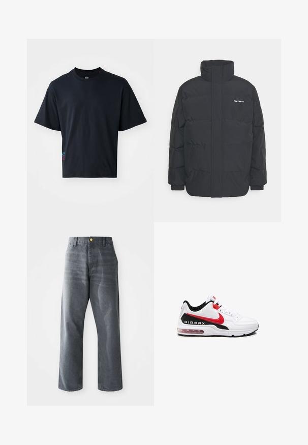 Černá zimní bunda s vysokým límcem, zipem vpředu a elastickými manžetami. Má kapsu a malé logo na hrudi. Texturovaný povrch.; Černé tričko s krátkým rukávem vyrobené z bavlny, s klasickým kulatým výstřihem a malým barevným logem na boku.; Pánské šedé denimové džíny se širokými nohavicemi a volným střihem, s předními kapsami a jedním viditelným zlatým knoflíkem na pase.; Bílé sportovní boty s černými a červenými akcenty, s hladkým koženým svrškem, šněrováním v přední části a viditelným vzduchovým polstrováním v podrážce.
