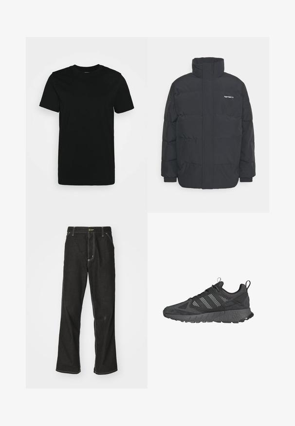 Doudoune noire avec un col montant, fermeture éclair à l'avant et poignets élastiques. Comprend une poche et un petit logo sur la poitrine. Surface texturée.; T-shirt noir à manches courtes en coton lisse, avec un col ras du cou et un design simple sans motifs ni accents.; Jean en denim noir avec une coupe ample, comportant des coutures blanches contrastantes, une fermeture à bouton et un design à jambes droites.; Baskets de sport noires avec tige en maille et daim, semelle en caoutchouc texturé, col rembourré et design distinctif à trois bandes grises.