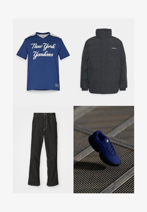 Černá zimní bunda s vysokým límcem, zipem vpředu a elastickými manžetami. Má kapsu a malé logo na hrudi. Texturovaný povrch.; Námořnická modrá tričko s krátkým rukávem a bílým nápisem "New York Yankees", s výstřihem do V a šedými akcenty na ramenou. Vyrobeno z hladké tkaniny.; Černé denimové džíny s volným střihem, s kontrastním bílým prošíváním, zapínáním na knoflík a rovnými nohavicemi.; Modrá sportovní bota s texturovaným svrškem, černou podrážkou a tkaničkami. Obsahuje branding "air" na jazyku a viditelné prvky vzduchového odpružení.