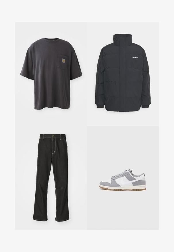 Casaco acolchoado preto com colarinho alto, fecho de correr à frente e punhos elásticos. Apresenta um bolso e um pequeno logótipo no peito. Superfície texturada.; T-shirt de algodão preto com mangas curtas, decote redondo e bolso no peito esquerdo com um emblema quadrado. Design simples e sem adornos.; Calças de ganga pretas de corte largo, com costuras brancas em contraste, fecho de botão e design de perna reta.; Ténis Nike apresentam uma parte superior em camurça cinzenta e couro branco com perfurações, atacadores redondos e uma sola de borracha para maior tracção.