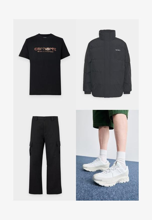 Fekete puffKabát magas nyakkal, cipzáros előlappal és rugalmas mandzsettával. Tartalmaz egy zsebet és egy kis logót a mellkason. Texturált felület.; Fekete pamut póló rövid ujjakkal és kerek nyakkal. Elöl fémes piros és arany szöveg található: "carhartt. MUNKÁBAN."; Fekete cargo nadrág egyenes szárú kialakítással. Tartós anyagból készült, két oldalzsebbel, tépőzáras fedéllel és gombos zipzárral.; Fehér sportcipők texturált burkolattal, vastag talppal és szürke részletekkel. Fehér sportzoknival és zöld rövidnadrággal viselve, kék felületen.