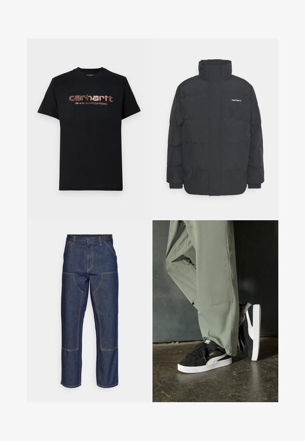 Black puffer jacket with a high collar, zip front, and elastic cuffs. Features a pocket and a small logo on the chest. Textured surface.; Black cotton t-shirt with short sleeves and a crew neck. Front features metallic red and gold text: "carhartt. WORK IN PROGRESS."; Dark blue denim jeans with a high waist, straight leg design, contrasting stitching, and patch pockets on the front.; Black suede sneakers with white rubber soles and side stripes, paired with light green cargo pants, standing on a textured dark surface.