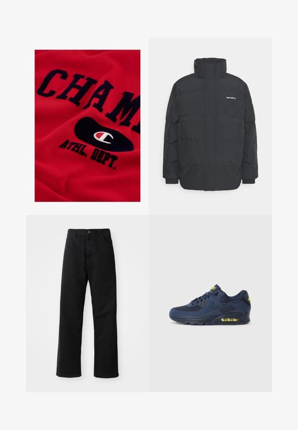 Sort pufferjakke med høj krave, lynlås foran og elastiske manchetter. Har en lomme og et lille logo på brystet. Tekstureret overflade.; Rød bomulds sweatshirts med store navy teksten "CHAMP" og "ATHL. DEPT." samt et sort ovalt logo med et hvidt og rødt emblem.; Sorte denimbukser med lige snit, der har frontlommer, lynlås og en enkelt knap i toppen. Struktureret stof med en mat finish.; Mørkeblå Nike Air Max sneakers med overdel i ruskind og mesh, med gule detaljer, snørelukning foran og synligt luftdæmpning i sålen.