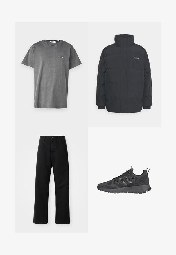 Fekete puffKabát magas nyakkal, cipzáros előlappal és rugalmas mandzsettával. Tartalmaz egy zsebet és egy kis logót a mellkason. Texturált felület.; Szürke pamut póló rövid ujjakkal, kerek nyakkivágással és egy kis fehér "obey" logóval a mellkason. Sima textúra, laza dizájn.; Fekete farmernadrág egyenes szabással, elülső zsebekkel, cipzáras flyal és egy felső gombbal. Strukturált anyag matt felülettel.; Fekete sportcipők, hálós és velúrból készült felsőrésszel, texturált gumitalppal, párnázott bokával és jellegzetes háromsávos szürke mintával.