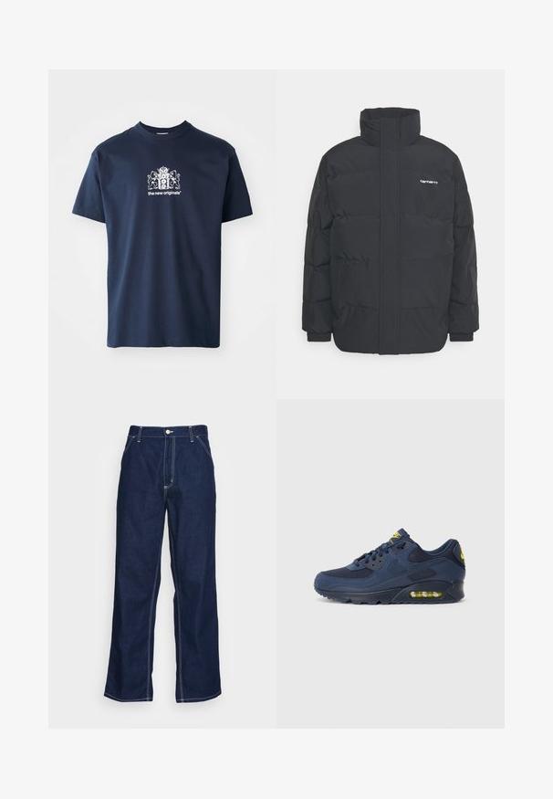 Melnā pūkainā jaka ar augstu apkakli, rāvējslēdzēja priekšpusi un elastīgām piedurknēm. Iespējama kabata un neliels logo uz krūtīm. Strukturēta virsma.; Tumši zila kokvilnas T krekls ar īsām piedurknēm, apaļu kaklu un baltu grafiku, kas attēlo ģerboni un tekstu "jaunie oriģināli".; Tumši zili džinsu bikses ar platajām kājām, ar augsto jostas daļu, priekšējām kabatām un kontrastējošām baltām šuvēm.; Jūras zilas Nike Air Max kedas ar zamša un sieta augšdaļu, ar dzelteniem akcentiem, auklājamā priekšpusē un redzamu gaisa amortizāciju zole.