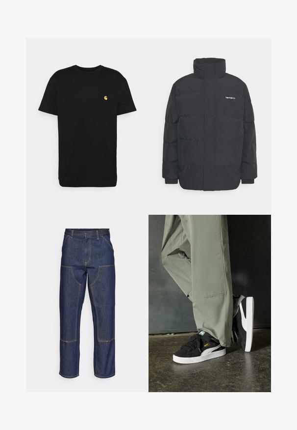Fekete puffKabát magas nyakkal, cipzáros előlappal és rugalmas mandzsettával. Tartalmaz egy zsebet és egy kis logót a mellkason. Texturált felület.; Fekete pamut póló rövid ujjakkal, kerek nyakkal és egy kis sárga logóval a bal mellkasi részen. Egyszerű dizájn és normál illeszkedés.; Sötétkék farmernadrág, magas derekú, egyenes szárú dizájnnal, kontrasztos varrással és elülső zsebekkel.; Fekete velúr sportcipők fehér gumitalppal és oldalsávokkal, világos zöld cargo nadrággal párosítva, egy textúrált sötét felületen állva.