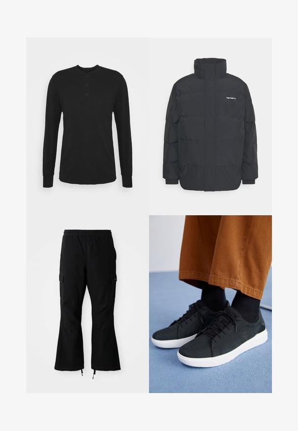 Zwarte pufferjas met een hoge kraag, rits aan de voorkant en elastische manchetten. Bevat een zak en een klein logo op de borst. Getextureerd oppervlak.; Zwarte longsleeve shirt met een ronde halslijn, drie-knopen sluiting en smalle manchetten. Gemaakt van zachte stof met een gladde textuur.; Zwarte cargobroek met een elastische tailleband, uitgerust met zijzakken en flared pijpen met ritssluitingen bij de manchetten, weergegeven tegen een witte achtergrond.; Zwarte suède sneakers met witte rubberen zolen, voorzien van een vetersluiting ontwerp, textuuraccenten en subtiele branding, gedragen met bruine broeken.