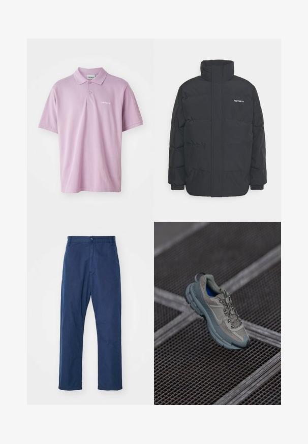 Čierna puffová bunda s vysokým golierom, zipom vpredu a elastickými manžetami. Obsahuje vrecko a malé logo na hrudi. Textúrovaný povrch.; Svetlofialová polo tričko s trojbuttonovým zapínaním, krátkymi rukávmi a malým bielym vyšitým logom na hrudi. Bavlnený materiál.; Námornícke modré, rovné nohavice vyrobené z bavlny. Disponujú predným zapínaním na gombík a jemnou textúrou, s bočnými vreckami a pútkami na opasok.; Béžová a šedá športová obuv s textúrovaným sieťovaným zvrškom, okrúhlou špičkou a gumovou podrážkou, vybavená šnúrkami a polstrovaným golierom.