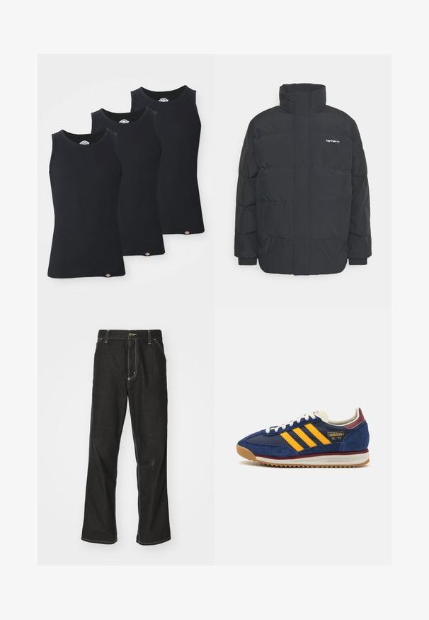 Črna puhasta jakna z visokim ovratnikom, z zadrgo spredaj in elastičnimi manšetami. Ima žep in majhen logotip na prsih. Teksturirana površina.; Črne rebraste majice brez rokavov v pakiranju po tri. Imajo okroglo izrezovanje in brezrokavni dizajn ter majhno logo na robu. Mehka tekstura.; Črne jeans hlače ohlapenega kroja, ki imajo kontrastno belo šivanje, zapiranje na gumb in ravno nogavico.; Mornarsko modre suede teniske z rumenimi črtami, belimi vezalkami in burgundskimi poudarki. Teksturna podplat z utori za oprijem. Logotip blagovne znamke na strani.